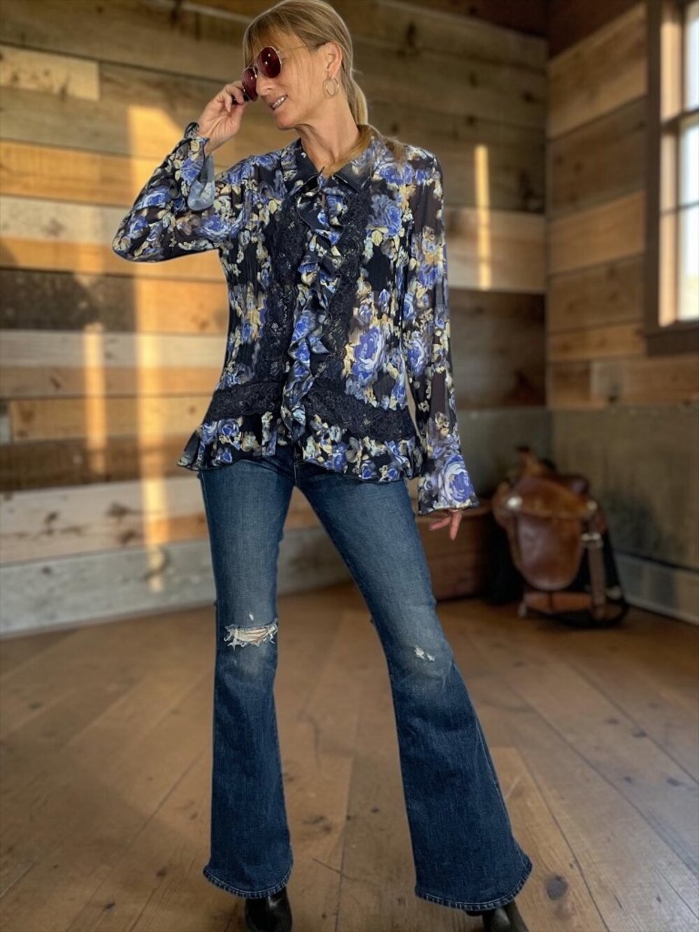 Free People Bad At Love Blouse M Sheer Blue Floral Peplum Button Front